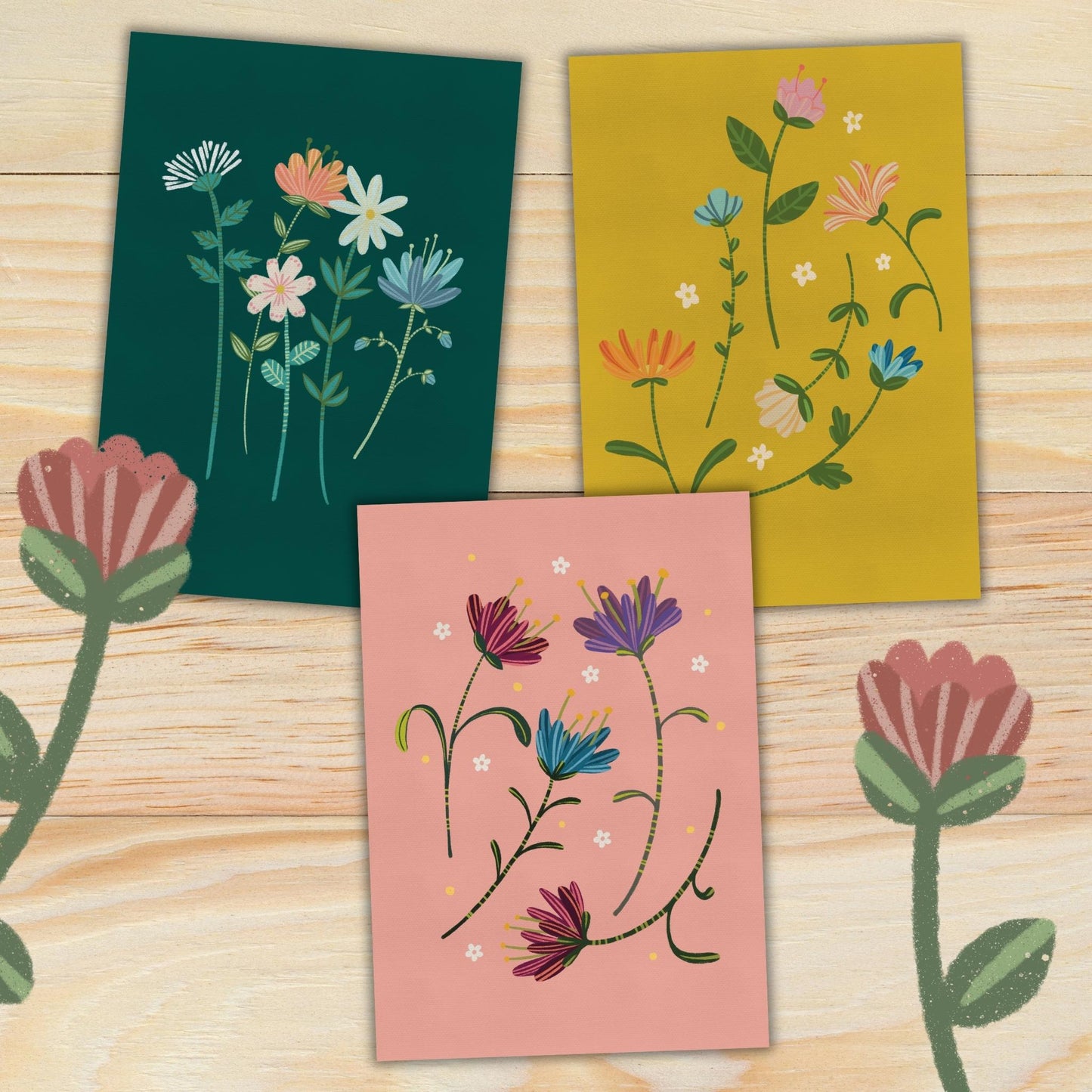 Dancing Flowers: Three Printable Floral Greeting Cards