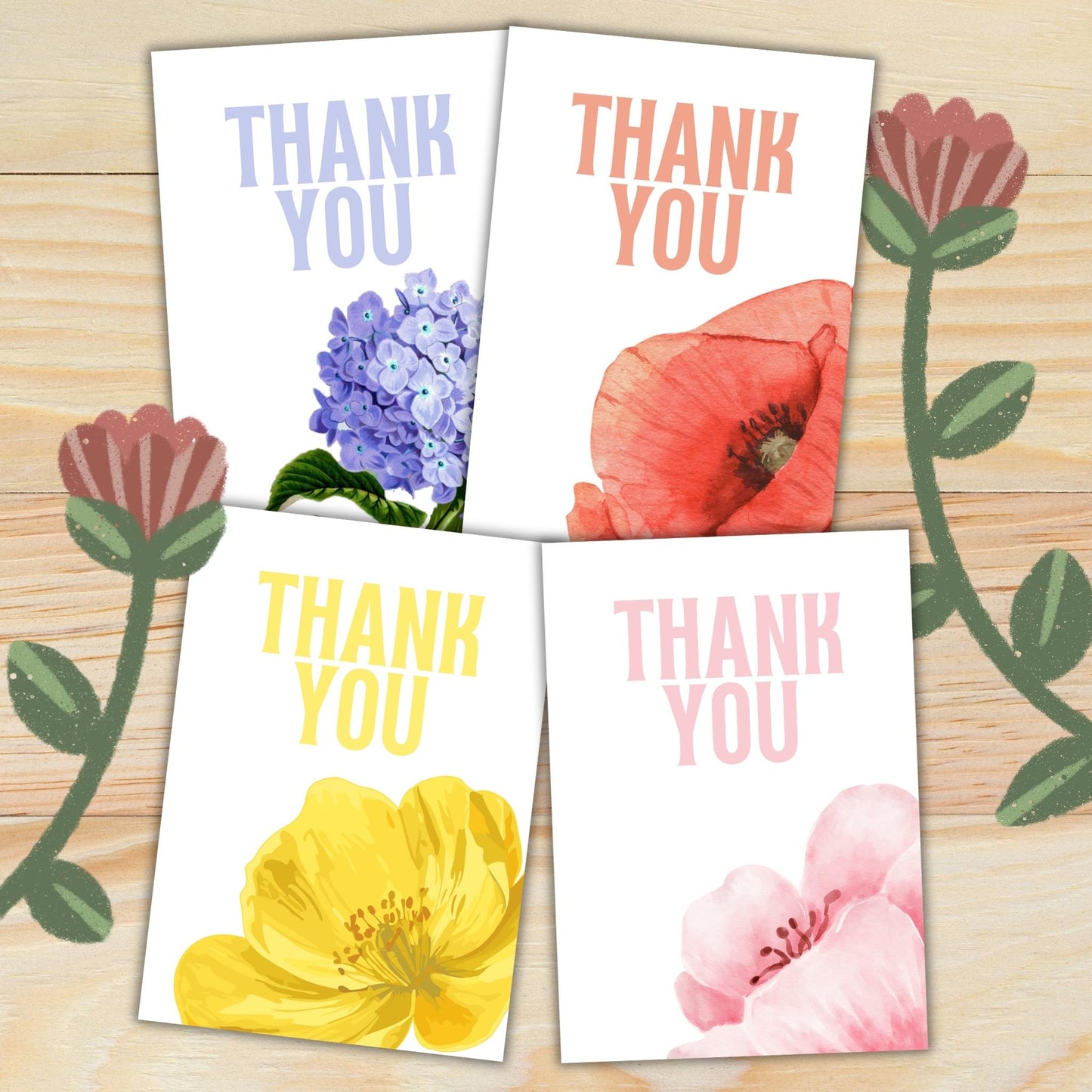 Floral Thank You: Four Printable Greeting Cards