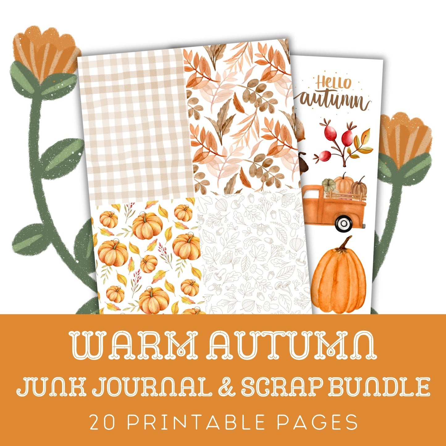 Warm Autumn: 20 Printable Scrapbook And Junk Journal Pages